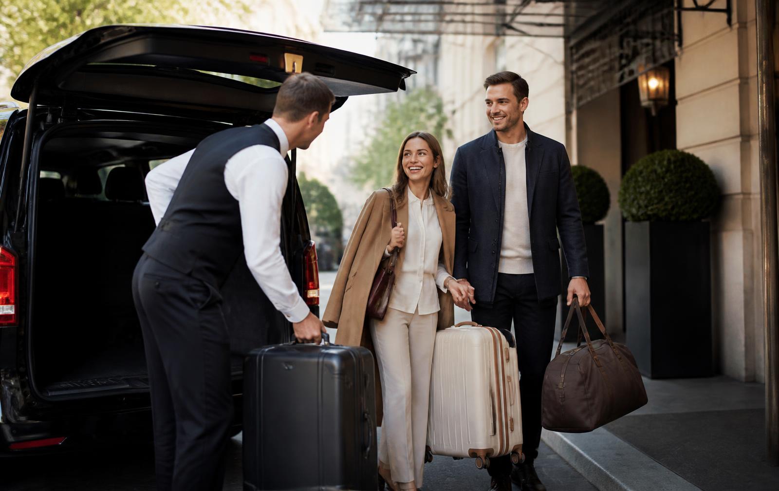 Driver unloading luggage for travellers arriving at their hotel