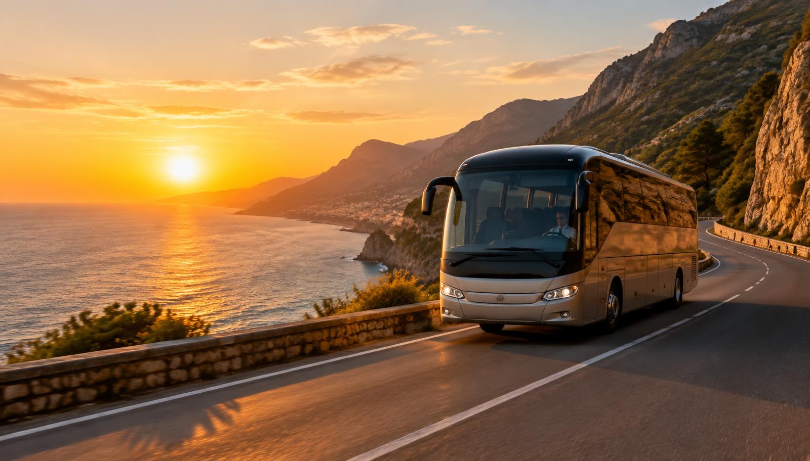 Coach driving along a coastal mountain road at sunset